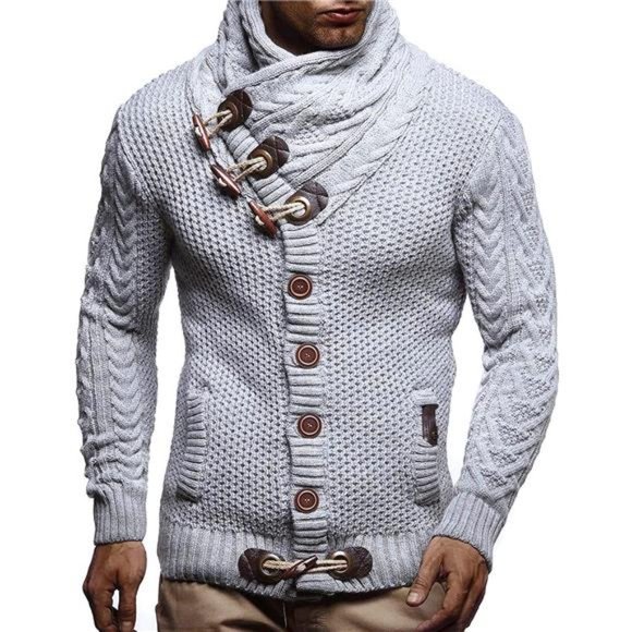 Men's Knitted Turtleneck Jacket Winter Cardigan Sweater Gray